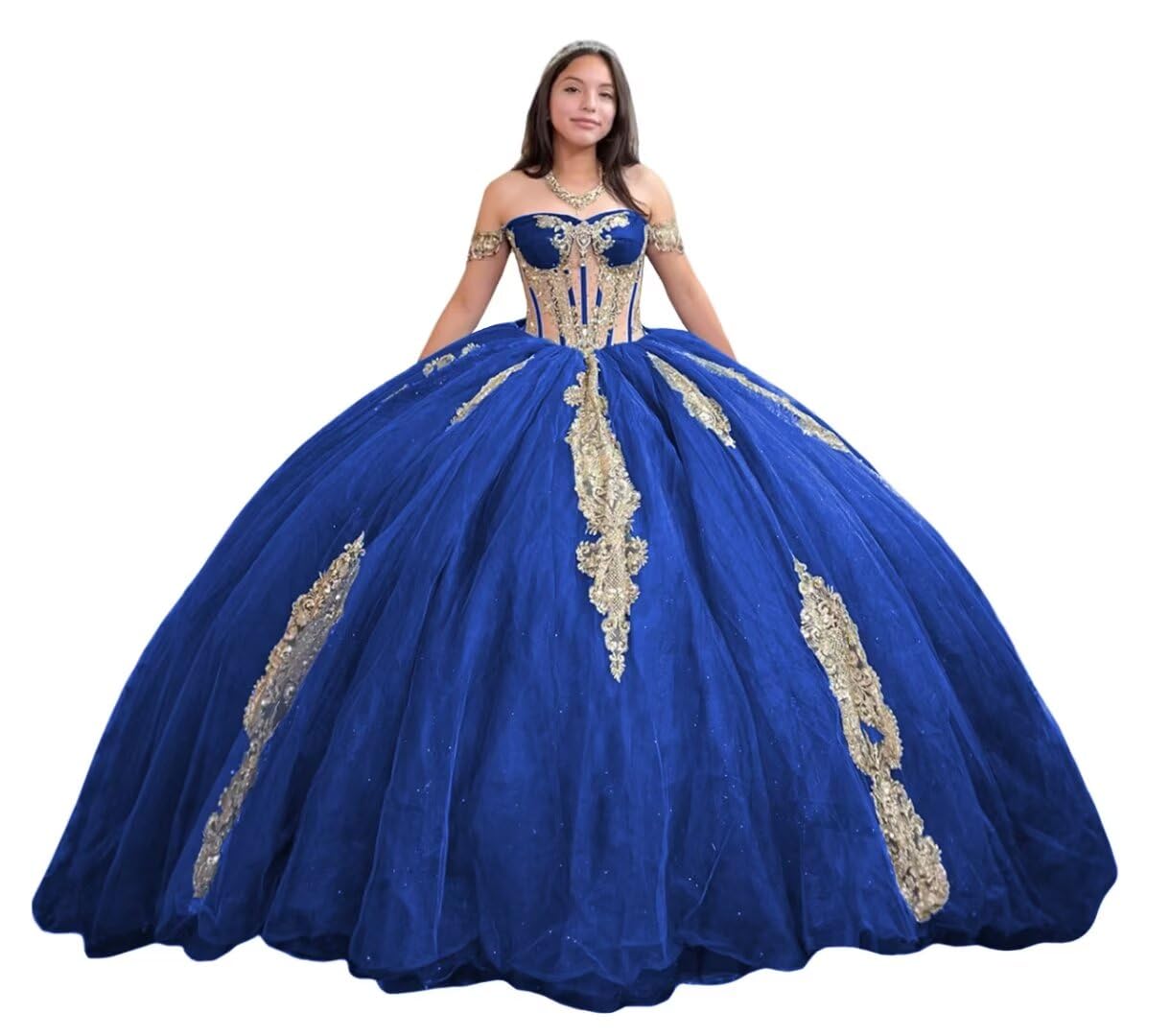 Youjiayi Gold Appliques Quinceanera Dresses with Train Puffy Tulle Beaded Sweet 16 Dress Off Shoulder Beaded Long Ball
