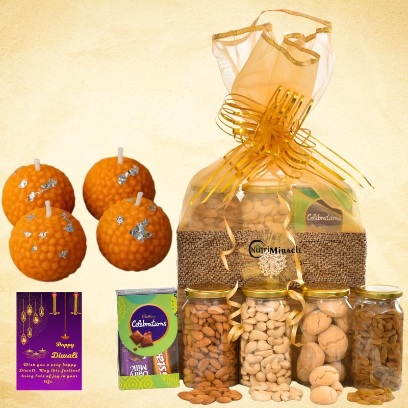 Image of NUTRI MIRACLE Diwali Gift Hamper Dry Fruits Chocolates Nuts with Laddu Candles for Corporate Boss