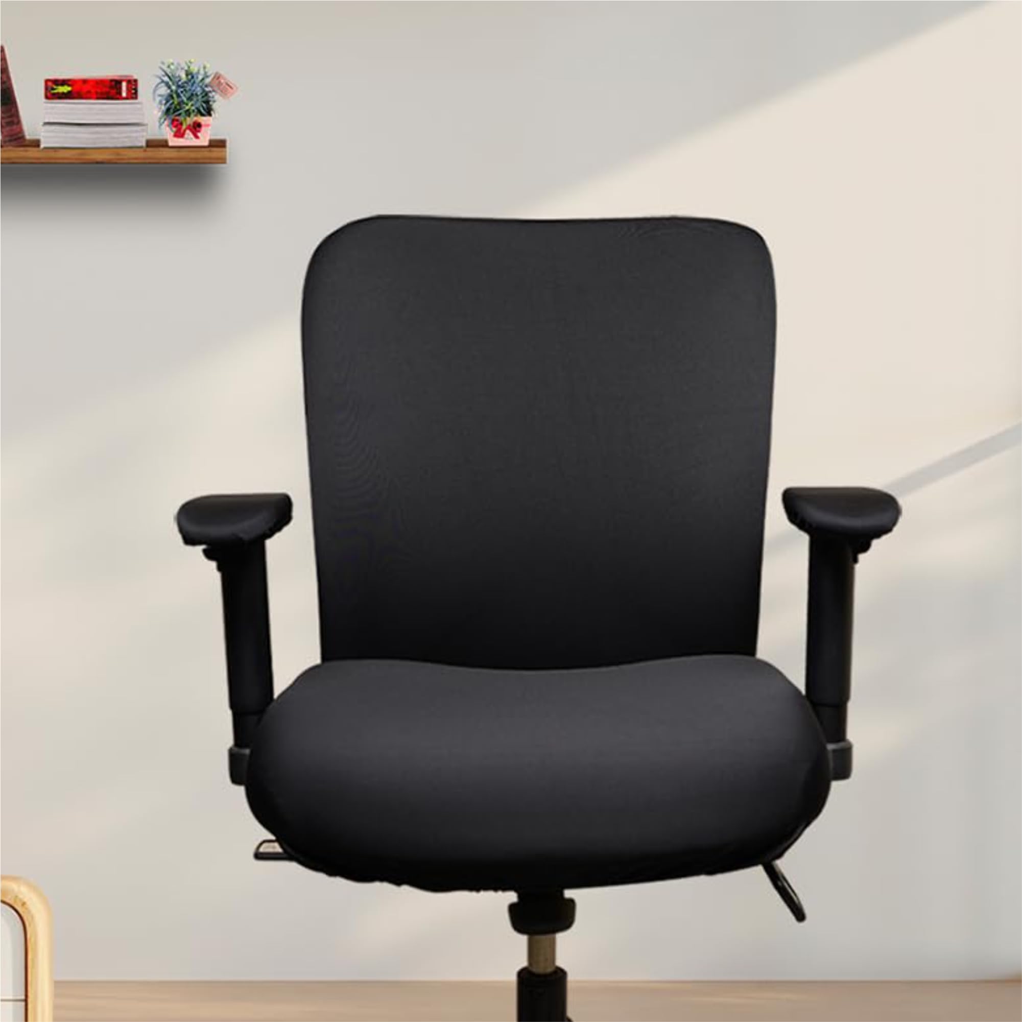 ELEGANTA Polyester Blend Solid Black Office Chair Cover with Armrest Cover Stretchable Removable Washable Cover (Set of 1)-image-25