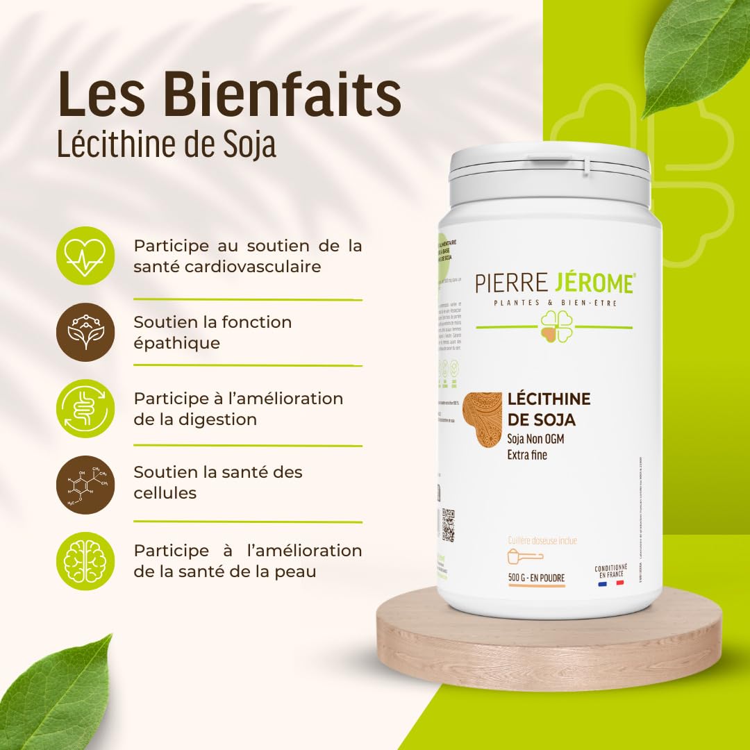 Lécithine de Soja en Poudre Pierre Jérôme - 500 G - Complément et Additif Alimentaire à Base de Phospholipides de Soja - Foie, Cerveau - 0.5 KG - 500 Jours