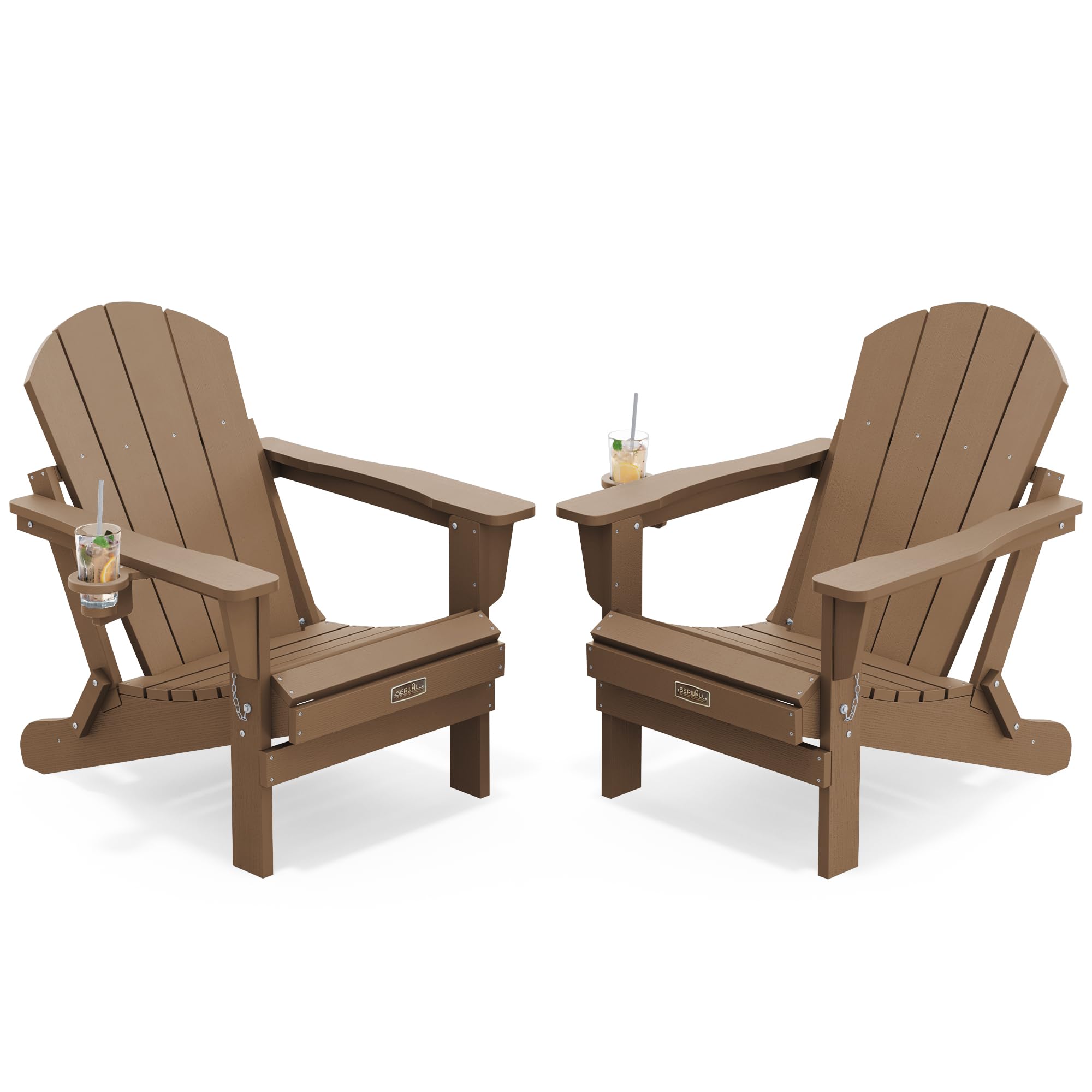 SERWALL Folding Adirondack Chair Set of 2, Cup Holder, Wood Texture -Brown