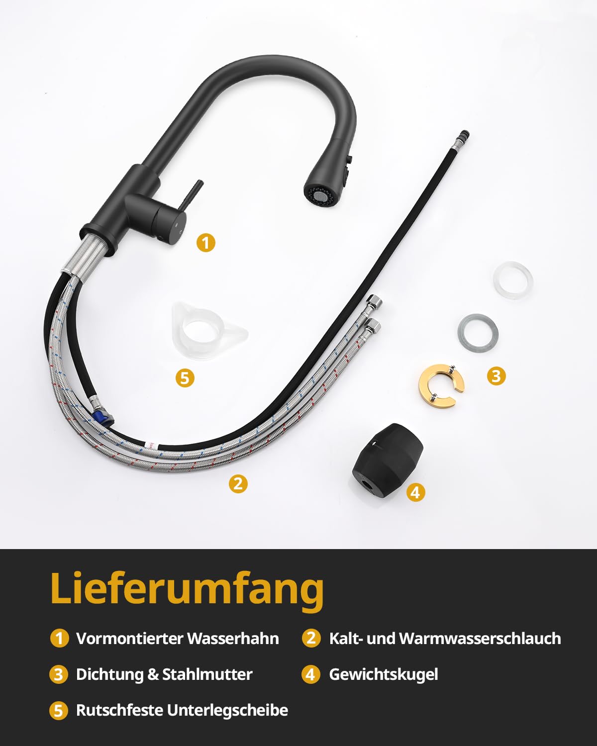 Hiqufet Küchenarmatur, Ausziehbarer Wasserhahn mit Edelstahl-Sprühbrause und 3 Sprühfunktionen, 360° schwenkbar, Einhebelmischer, Matt Schwarz