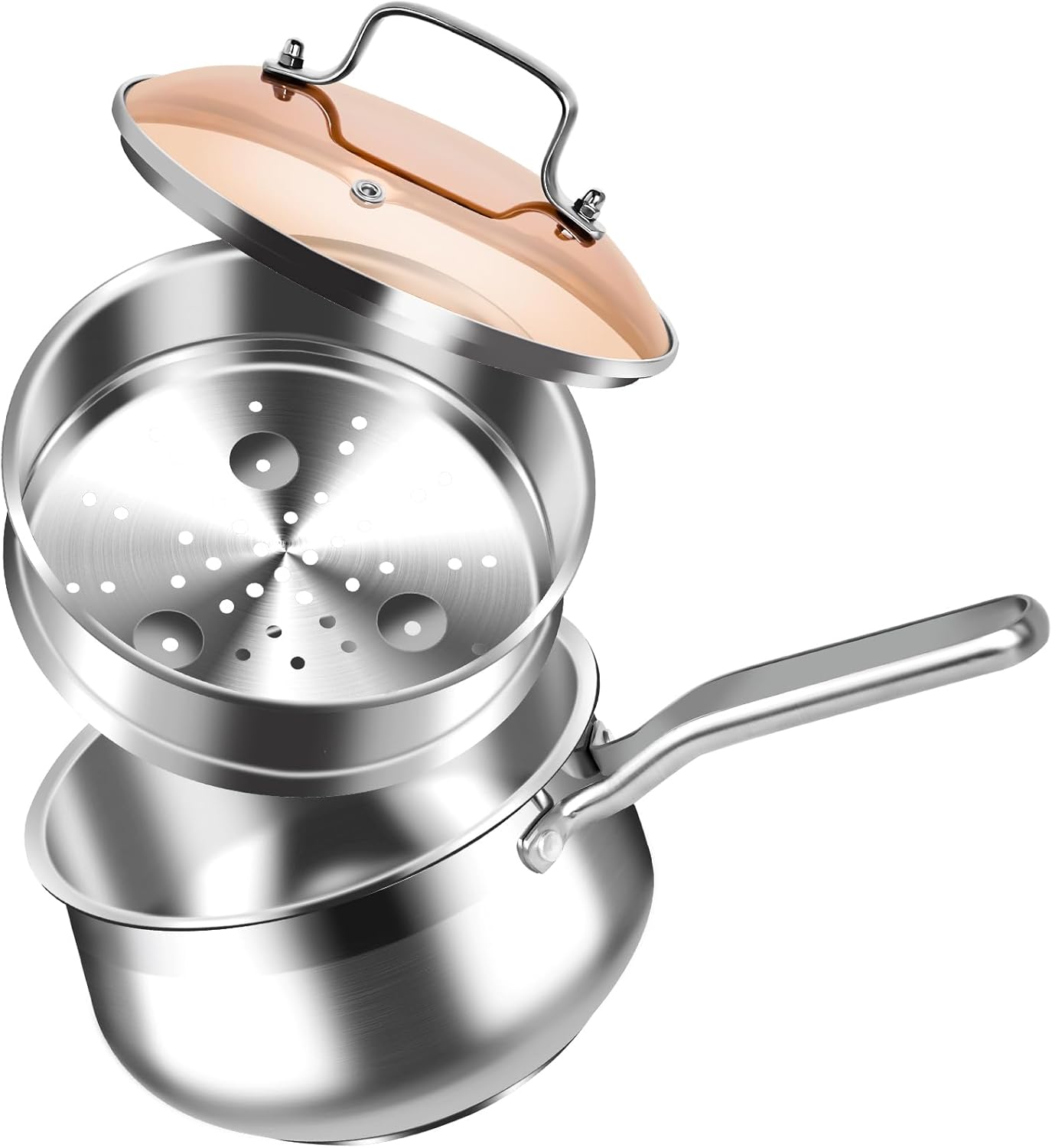 WANGYUANJI 2.5 Quart Stainless Steel Saucepan with Steamer Insert, 2-in-1 Sauce Pot with Lid & Steamer Basket, Tri-Ply Bottom Induction Cookware for Boiling, Soup, Milk, Silver