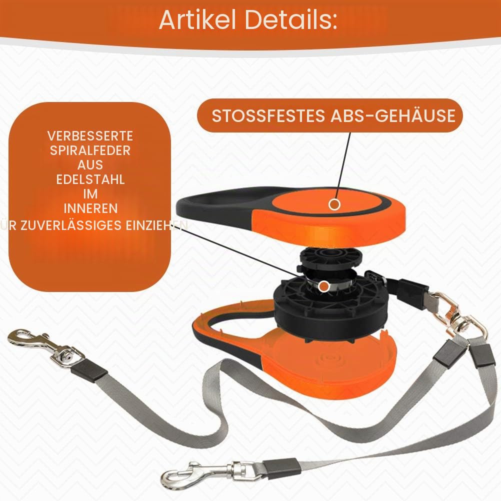 KOOLTAIL Dual Retractable Hundeleine für Zwei Hunde bis 110 Lbs, Heavy Duty Doppelkopf 16 ft Erweiterbare 360° Tangle-Free One Button&Lock Bremse Hundeleine für kleine mittlere Orange