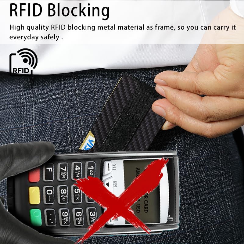 GOLRIDI Wallet for Men, Slim Minimalist Carbon Fiber Wallet with Metal Money Clip/Cash Strap, RFID Blocking Aluminum Card Holder,Matte Carbon Fiber