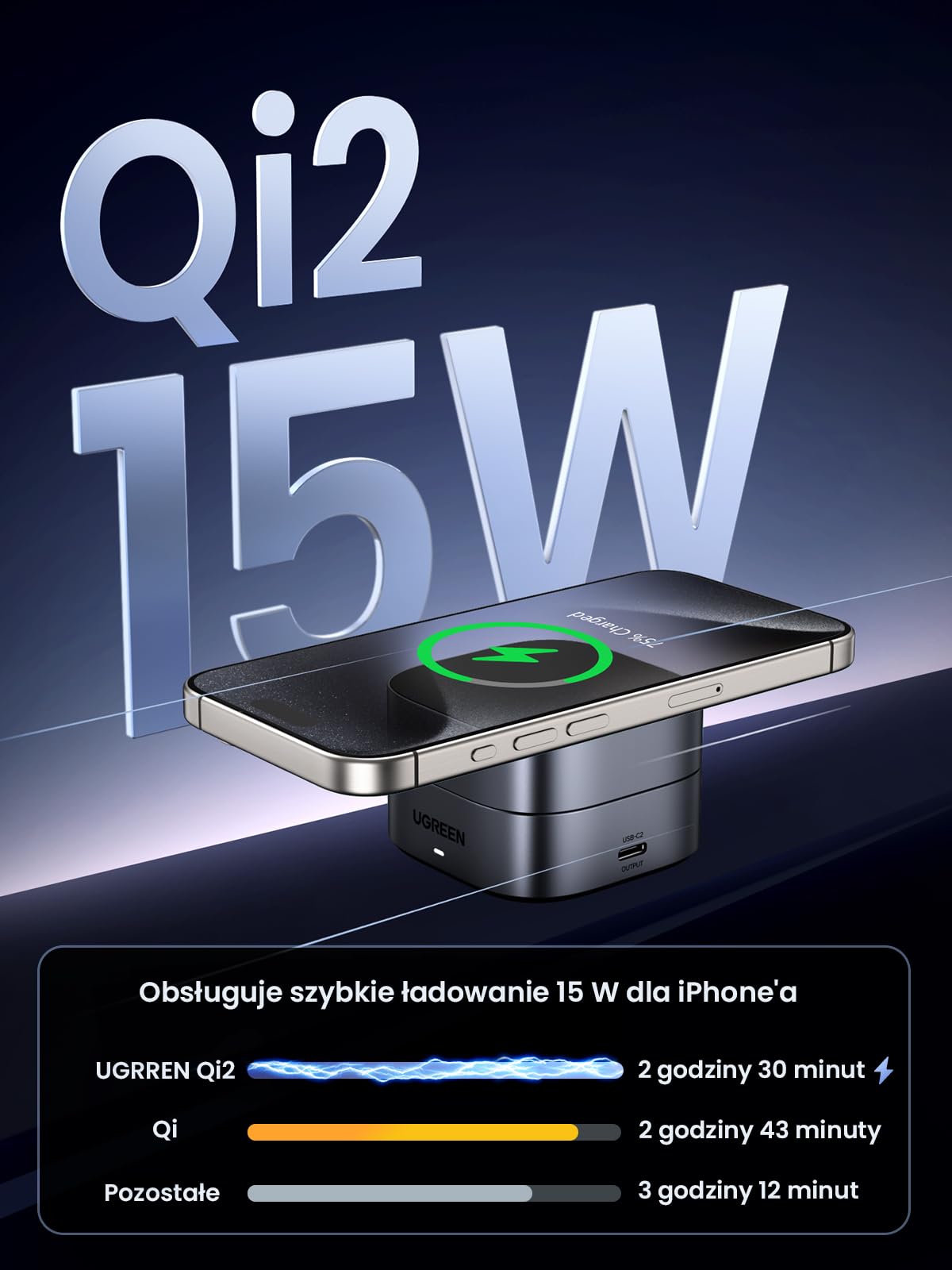 UGREEN MagFlow Qi2 15 W 2-w-1 składana stacja ładująca do iPhone'a z MagSafe | Kompatybilny z MagSafe 17 16 15 14 13 12 Air Plus Pro Max AirPods 4 3 Pro 3 2 1, składana, magnetyczna stacja ładująca