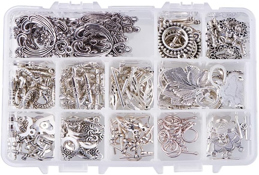 PH PandaHall 96 Sets Toggle Clasps, 12 Styles Heart Hook Clasp Flower Hook Toggle Connectors Butterfly TBar Clasps Leaf Fastener Toggle Tibetan Style Connectors for Necklace Bracelet Jewelry Making