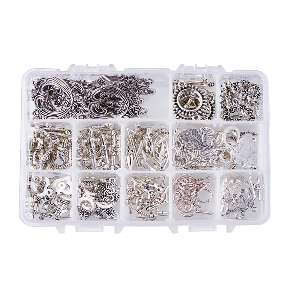 PH PandaHall 96 Sets Toggle Clasps, 12 Styles Heart Hook Clasp Flower Hook Toggle Connectors Butterfly TBar Clasps Leaf Fastener Toggle Tibetan Style Connectors for Necklace Bracelet Jewelry Making