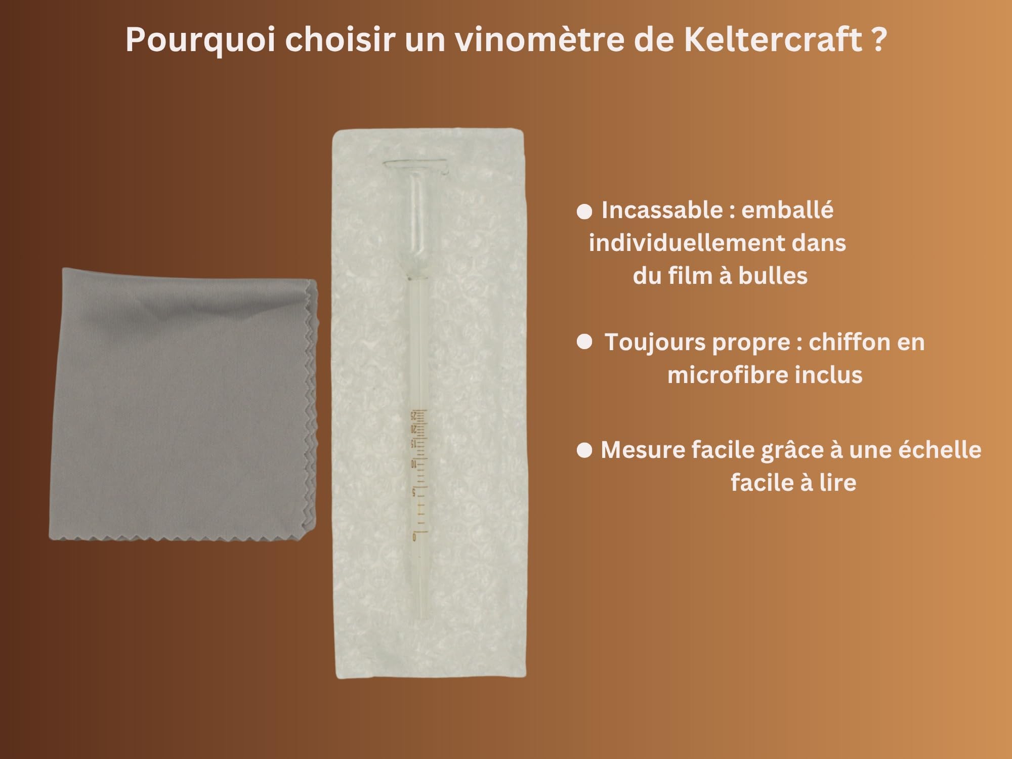 Vinomètre 0–25% vol alcoolmètre – Instrument de mesure précis pour vin de fruits et de baies – Pour vignerons amateurs et boissons DIY – incluant un chiffon en microfibre