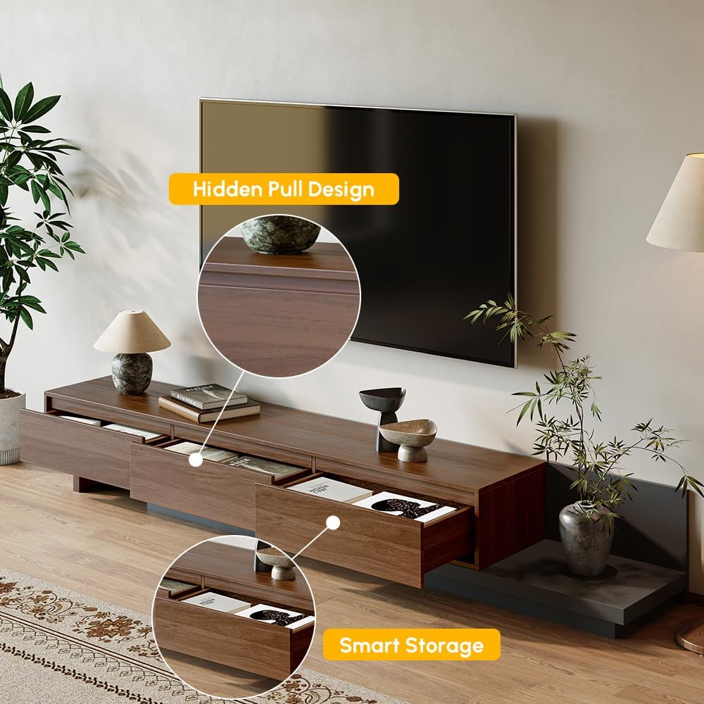 homary Extendable TV Stand Retractable Media Console with 3 Drawers Modern Entertainment Center Up to 120" (Walnut & Gray, 78.7" W×15.7" D×13.8" H)