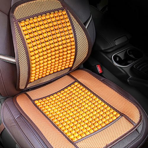 PTGMH Wood Beaded Car Seat Cushion Set Lumbar Support Pillow with Cooling Ventilated Mesh Beaded Seat Covers Breathable Car Seat Cushion Back Support for Car Seat Office Chair (Orange)