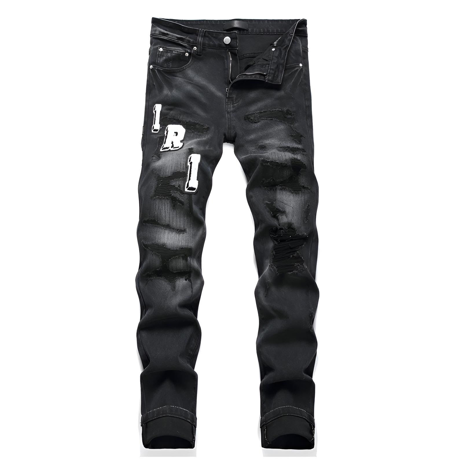 Jeans Uomo Slim Fit Strappati - Pantaloni in Denim Elasticizzato con Ricamo per Look Casual e Streetwear, Perfetti per Ogni Stagione
