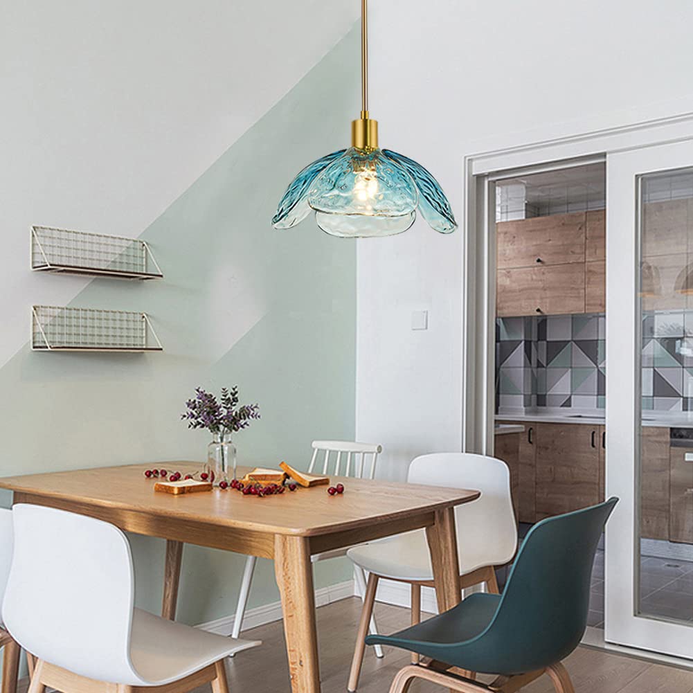 Gefertigte principale Glas Anhänger Leuchten Mitte Jahrhundert Blütenblatt forme Hänge lichter Kreative rétro Blume Glas Anhänger Decken beuchtung für Schlafzimmer Wohnzimmer Küchen insel (Blau)