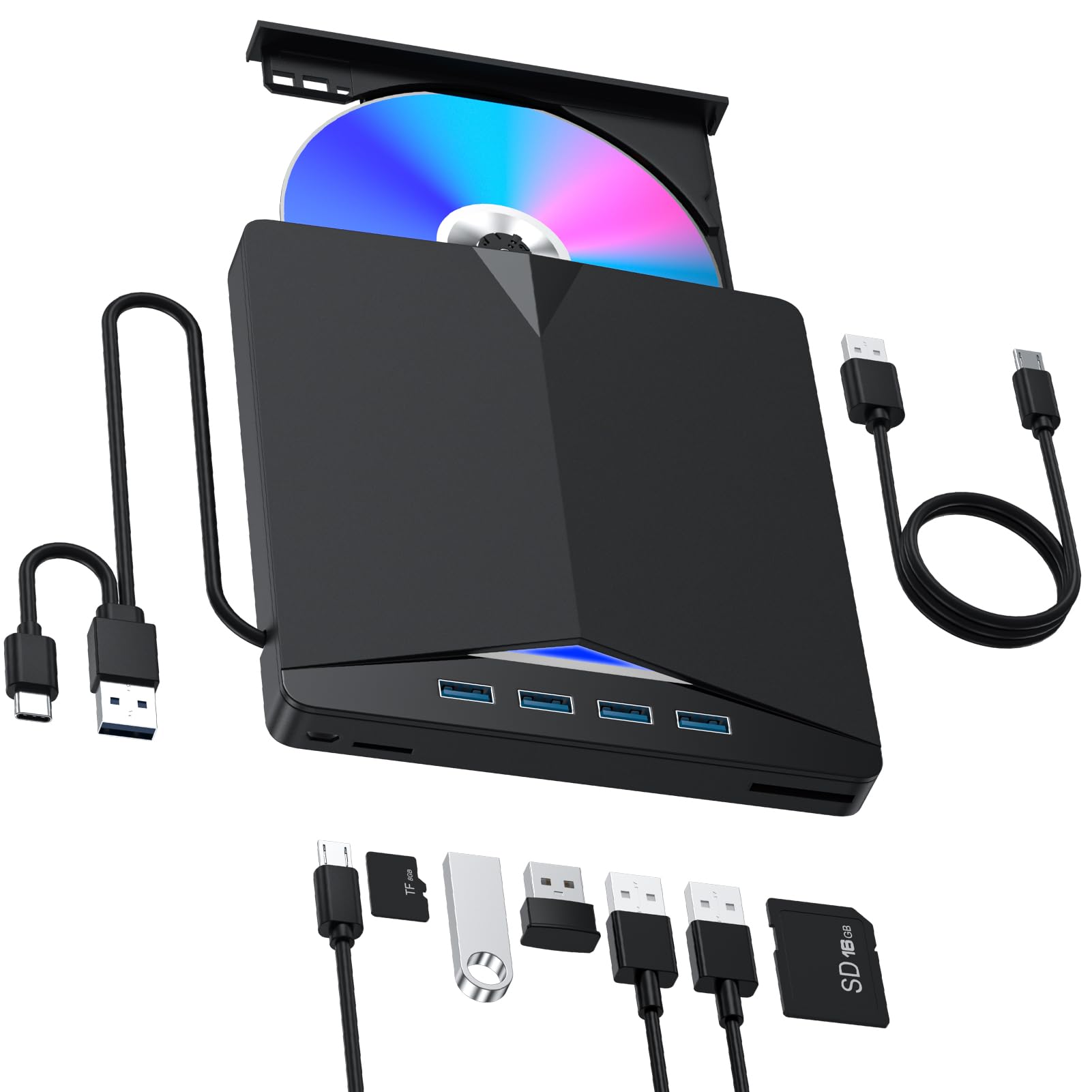 APPINESSEYExternal CD/DVD Drive for Laptop, 7 in 1 USB 3.0 DVD Player Portable DVD/CD Burner, ROM CD External DVD Drive for Laptop Compatible with Laptop Desktop PC Windows (GH-Black-OVB)