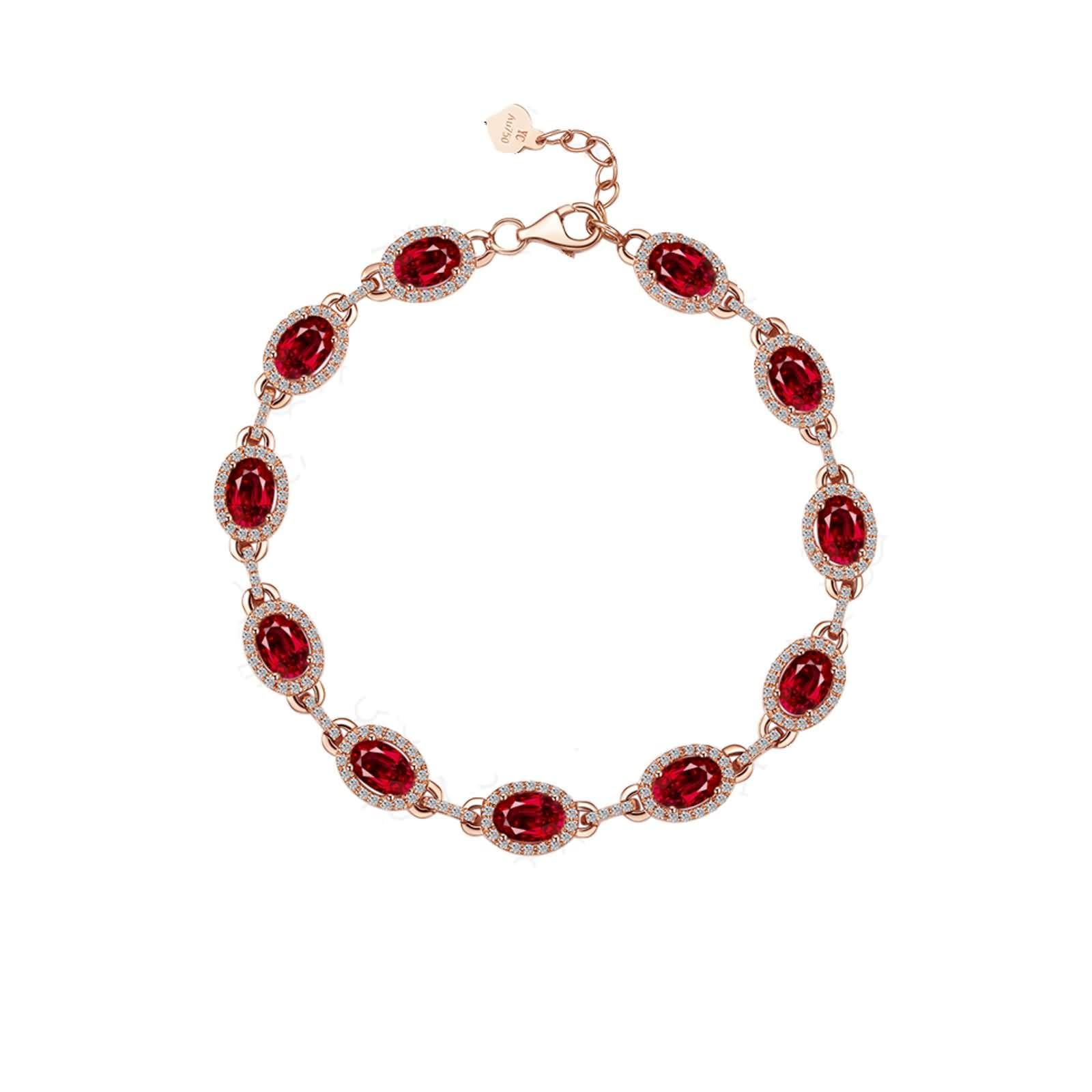 Pulseras Oro Rosa 9K / 14K / 18K Mujer, Oval con Rubí de 2,75 ct y Diamante, Cadena Extensible 16 CM + 5 CM, Pulseras Oro Rosa Ajustable Mujer