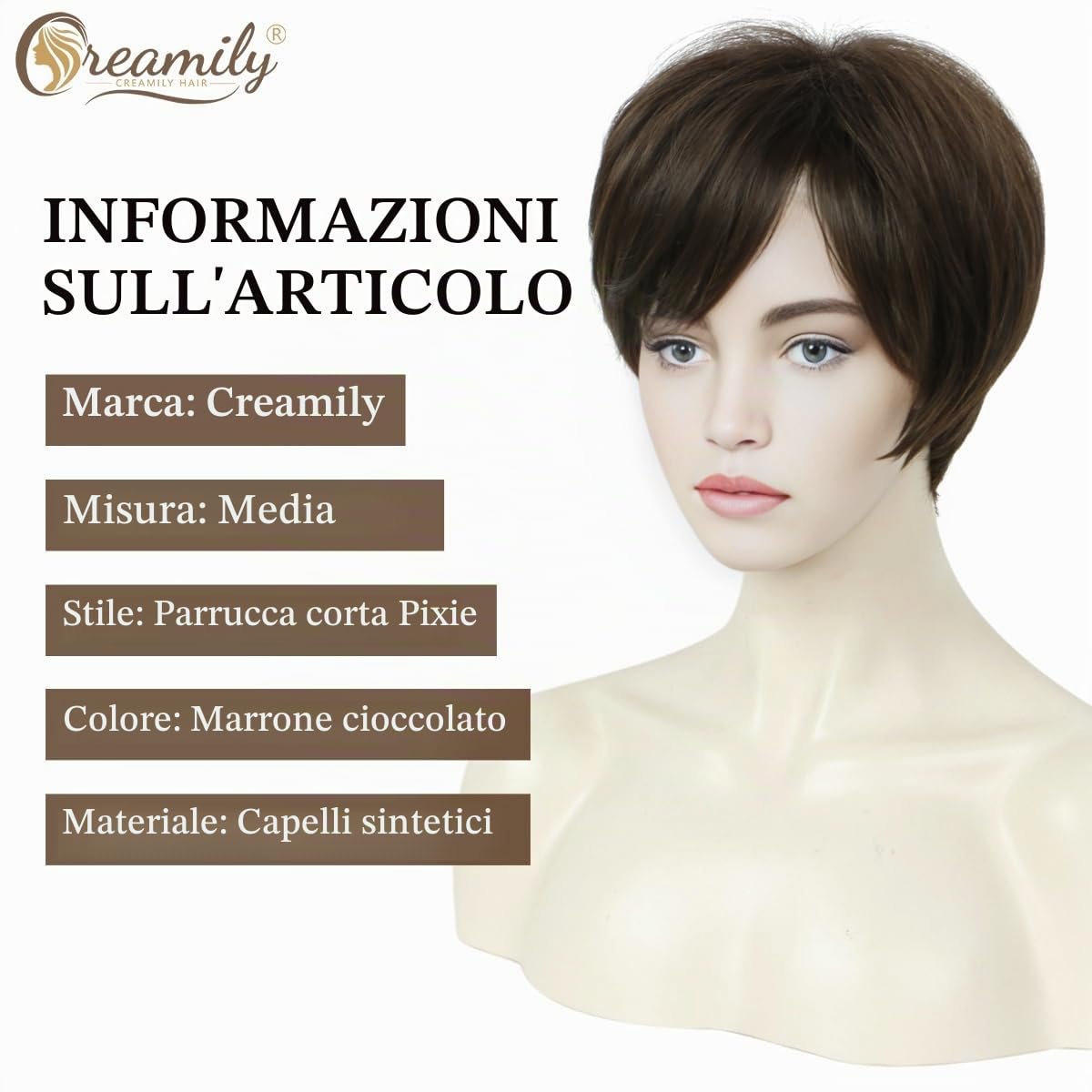 Creamily Parrucche corte castane, parrucca corta Pixie Cut con frangia per donne, parrucche sintetiche a strati naturali per capelli corti da donna, per cosplay, feste, uso quotidiano