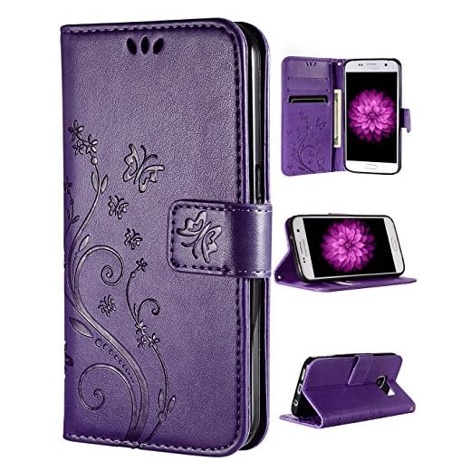FLYEE Case Compatible with Samsung Galaxy S7(5.1inch,Released in 2016),Wallet Case for Women and Girls With Card Holder,Flip PU Leather Case[kickstand]Embossed Butterfly Flower Protective Case-Purple