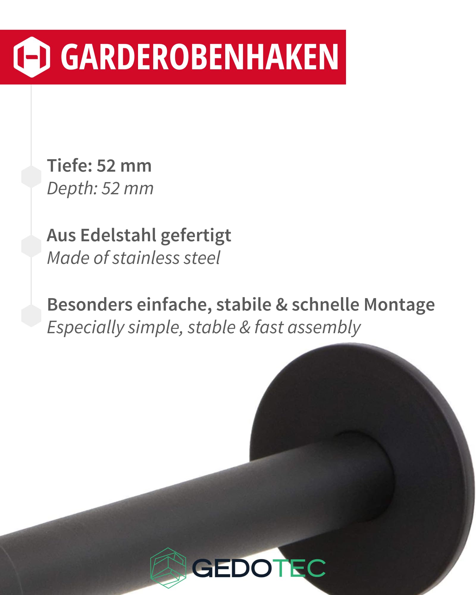 Gedotec Garderoben-Haken | UP | Aufhänger Tiefe: 52 mm | 10 Stück | schwarz Kleiderhaken Edelstahl | Wand-Garderobe zum Schrauben | Mantelhaken Vintage | Design Wandhaken mit Befestigungsmaterial