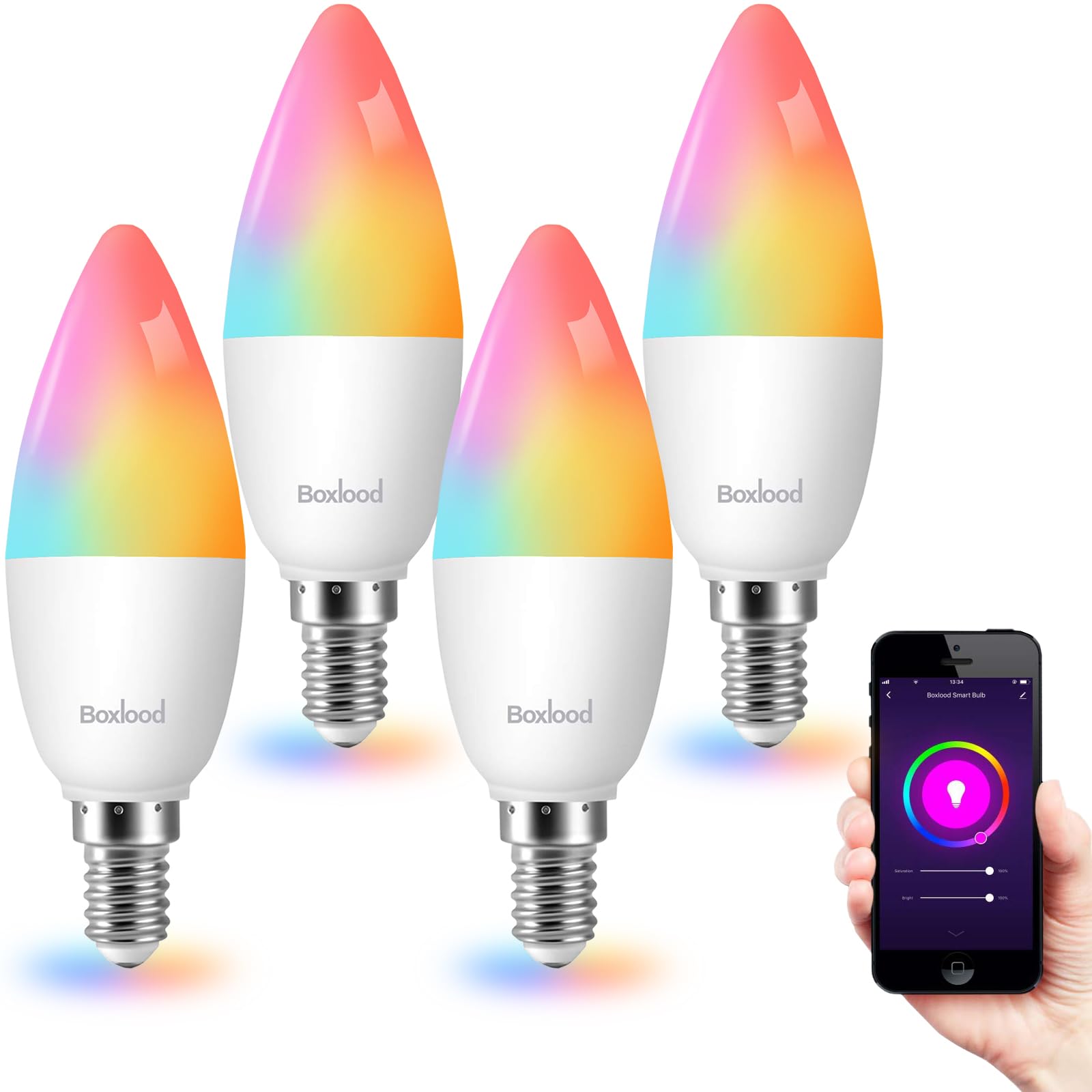Boxlood E14 Smart Candle Bulb Dimmable RGB Cool White & Warm White, Compatible with Alexa & Google Home, Smart Life Wi-Fi LED Bulb, iOS Android Remote Control, 5W, No Hub Required, 4 Pack [Energy Class A]