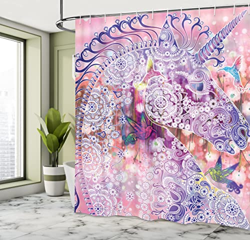 ABAKUHAUS Unicorn Shower Curtain, Fantasy Animal with Floral Ornaments and Birds on Natural Pink Background - Image 4