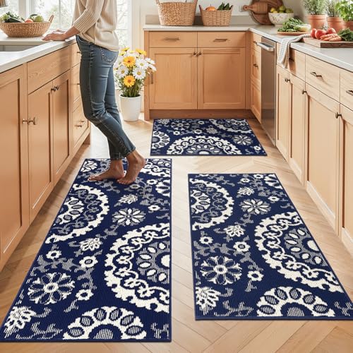 Yamaziot Washable Kitchen Rug Sets of 3 Textured Non Slip Kitchen Mat, Blue | 2x3+2x4+2x5Ft, Boho High-Low Textured, Stain Resistant, Kitchen Floor Carpet or Hallway, Laundry