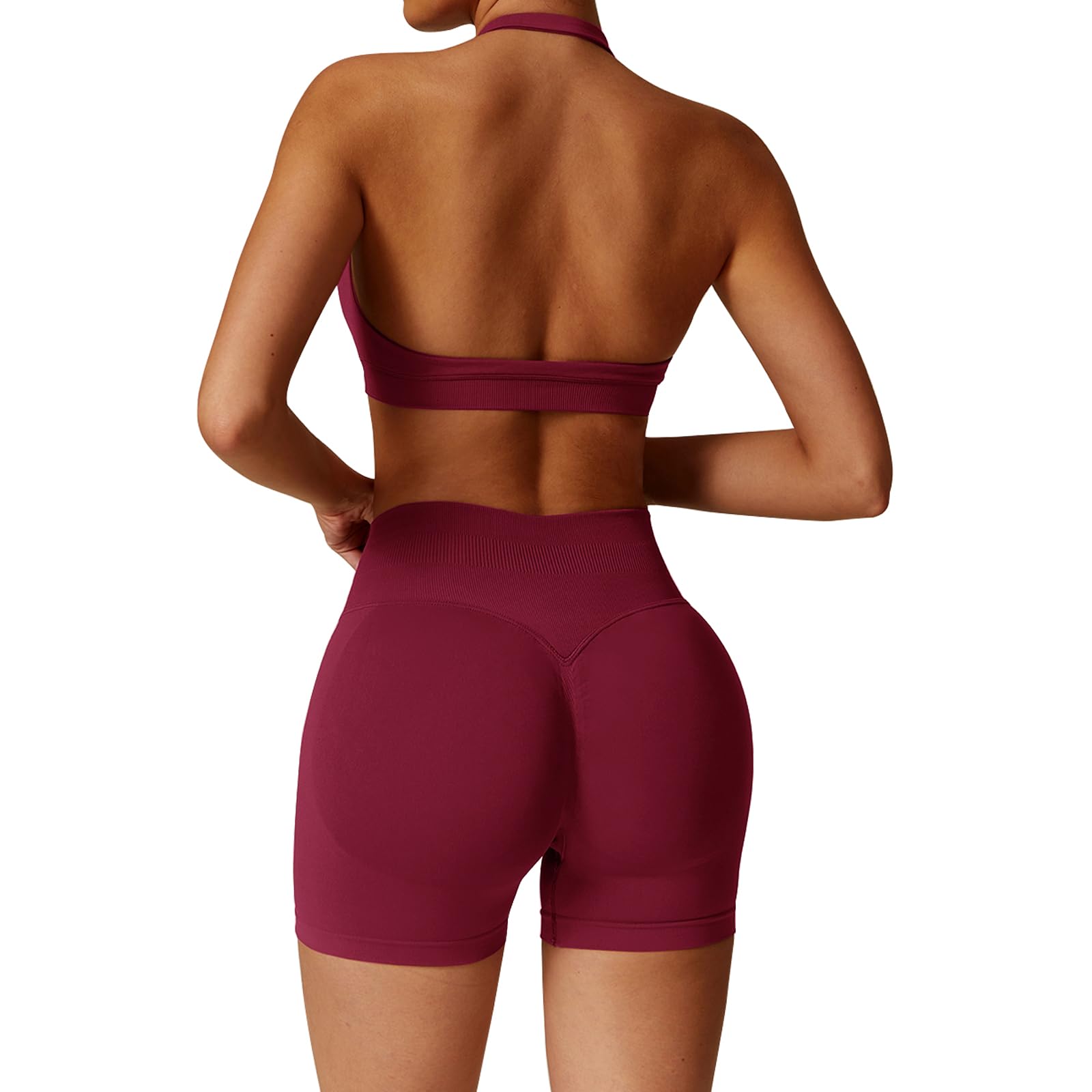 Set di allenamento da palestra senza cuciture per le donne 2 pezzi Halter Backless reggiseni sportivi nascosti pantaloncini elastici abiti da yoga tute da allenamento