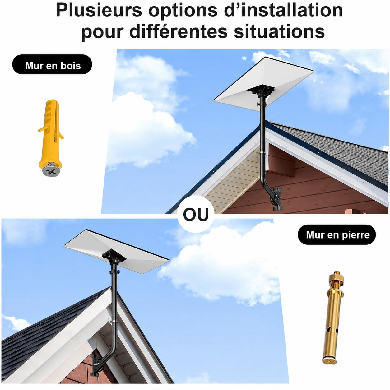 Mât d'antenne Universel pour antennes de télévision/Satellite/Radio/Wi-FI - Support d'installation sur Poteau et Mural réglable (Support de 52 cm - Noir)