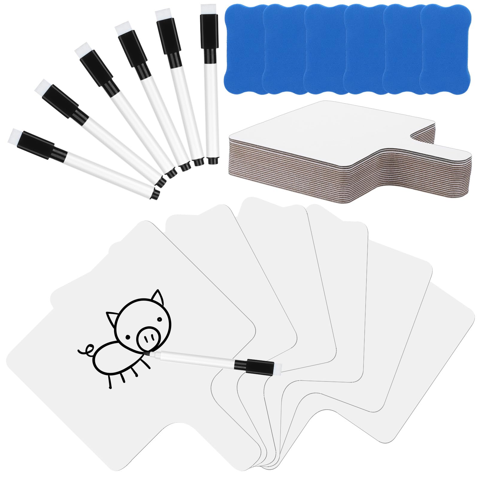 18 Sets Double Sided Dry Erase Paddles Double Sided White Boards with 18 Black Markers 6 Erasers Handheld Whiteboard Sign with Blank and Lined Sides for Learners Teacher Classroom Office (Square)