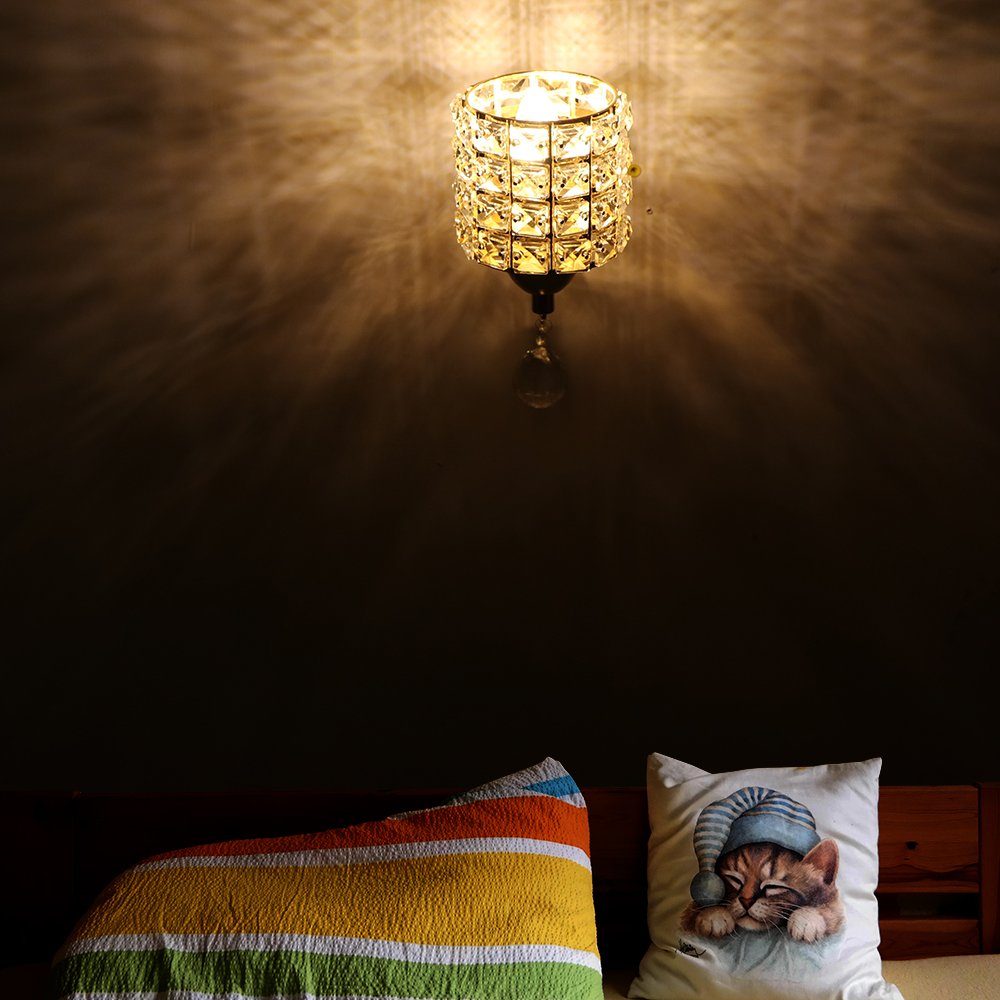 ALLOMN Moderne Wandleuchte, Kristall Pendelleuchte Schlafzimmer Gang Wohnzimmer Wandleuchte mit Leistung Ziehen Schalter E14 Steckdose (keine Lampe Enthalten) (Golden, 2 PCS)