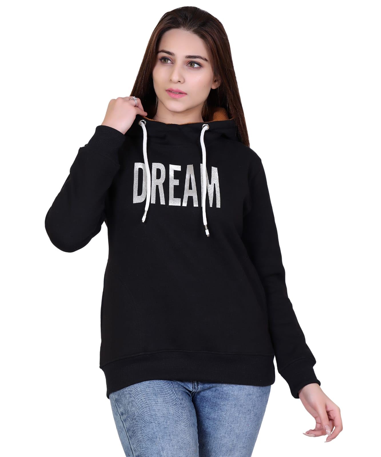 hold Women's Dream Printed Sweatshirt, Black Fleece, Hooded Pullover with White Drawstring-picture-23