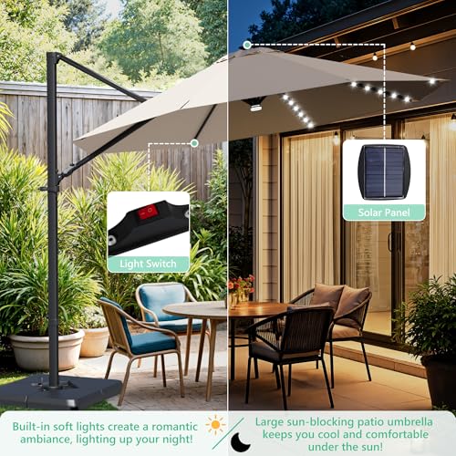 Image of Greesum 10FT Outdoor Patio Umbrella with High Pedel and 4 Gear Heights, Large Offset Umbrella with Solar LED Lights and 360-degree Rotation, Without Base, Hanging Outdoor Shade for Garden, Beige
