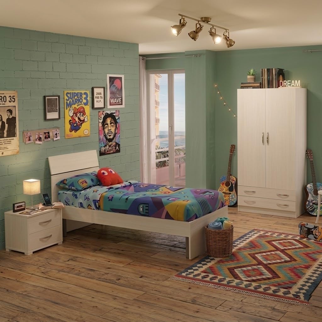Cameretta Classic con Armadio 2 Ante e 2 Cassetti Comodino 2 Cassetti e Letto Singolo Made in Italy Camera Ragazzi Bambini Struttura Letto Senza Rete e Materasso (Bianco Frassinato)