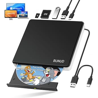 BUNUD External CD DVD Drive USB 3.0 & Type-C CD DVD Drive Burner with 2 USB & SD/TF External DVD CD ROM Drive for Laptop Windows 11/10 Mac MacBook Pro/Air