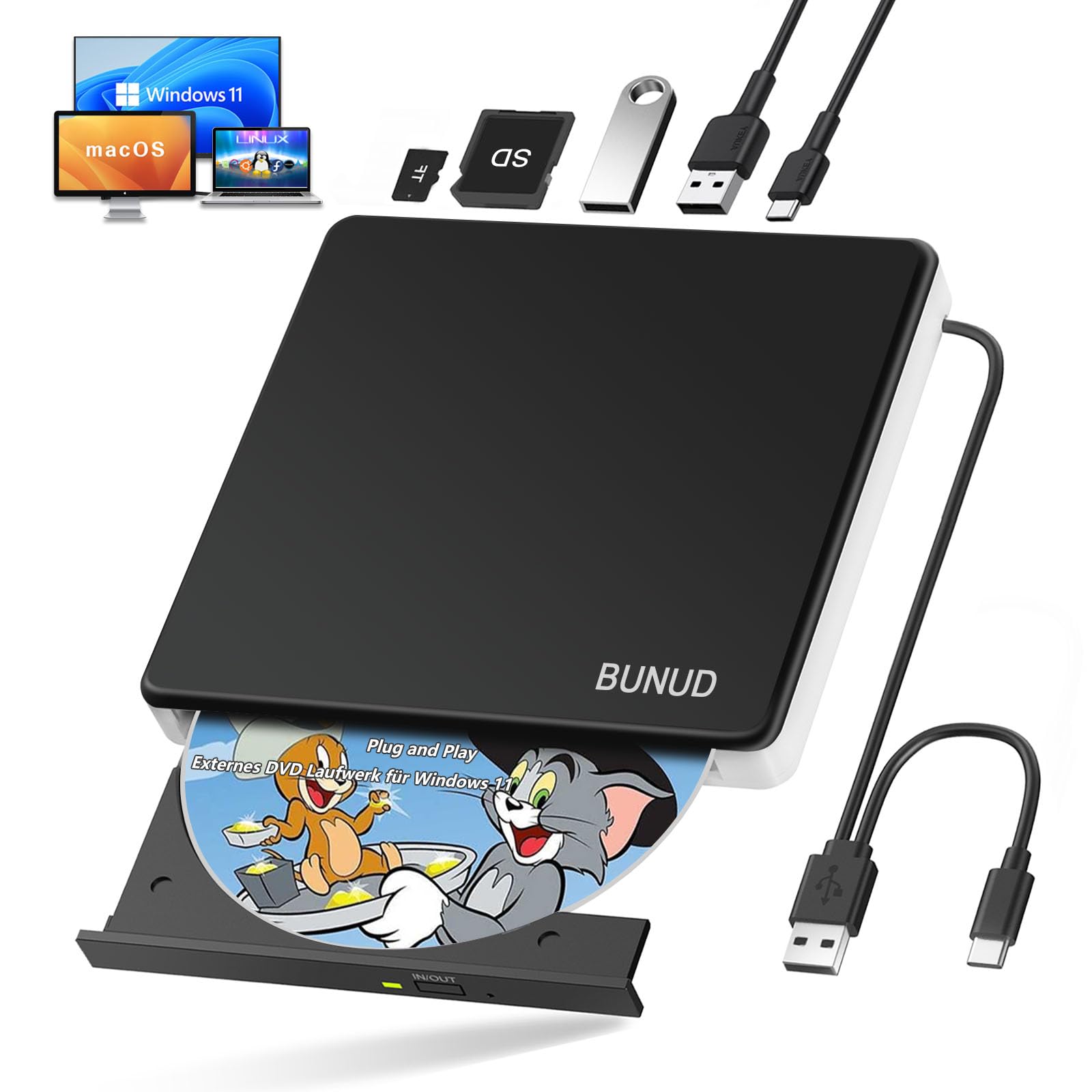 BUNUD Externes DVD Laufwerk für Windows 11: USB 3.0 DVD Laufwerk Extern Externer CD/DVD Brenner und Player mit 2 USB & SD/TF - CD Laufwerk Extern USB-C für Laptop Mac PC MacBook Pro Air