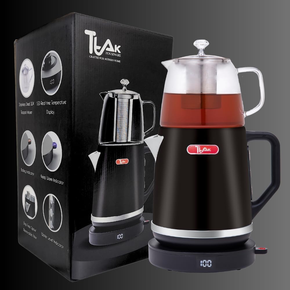 Electric Tea Maker with Glass Teapot, 1.8L Stainless Steel Kettle, Digital Temperature Display, Keep Warm Function – Persian Turkish Samovar Style Hot Water Boiler – Black