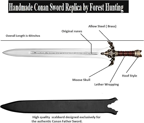 Miniatura 2 de Conan The Barbarian - Espadas reales de 42 pulgadas, hechas a mano Conan Atlantean 1095 de acero al carbono, accesorios de latón, espada completa,