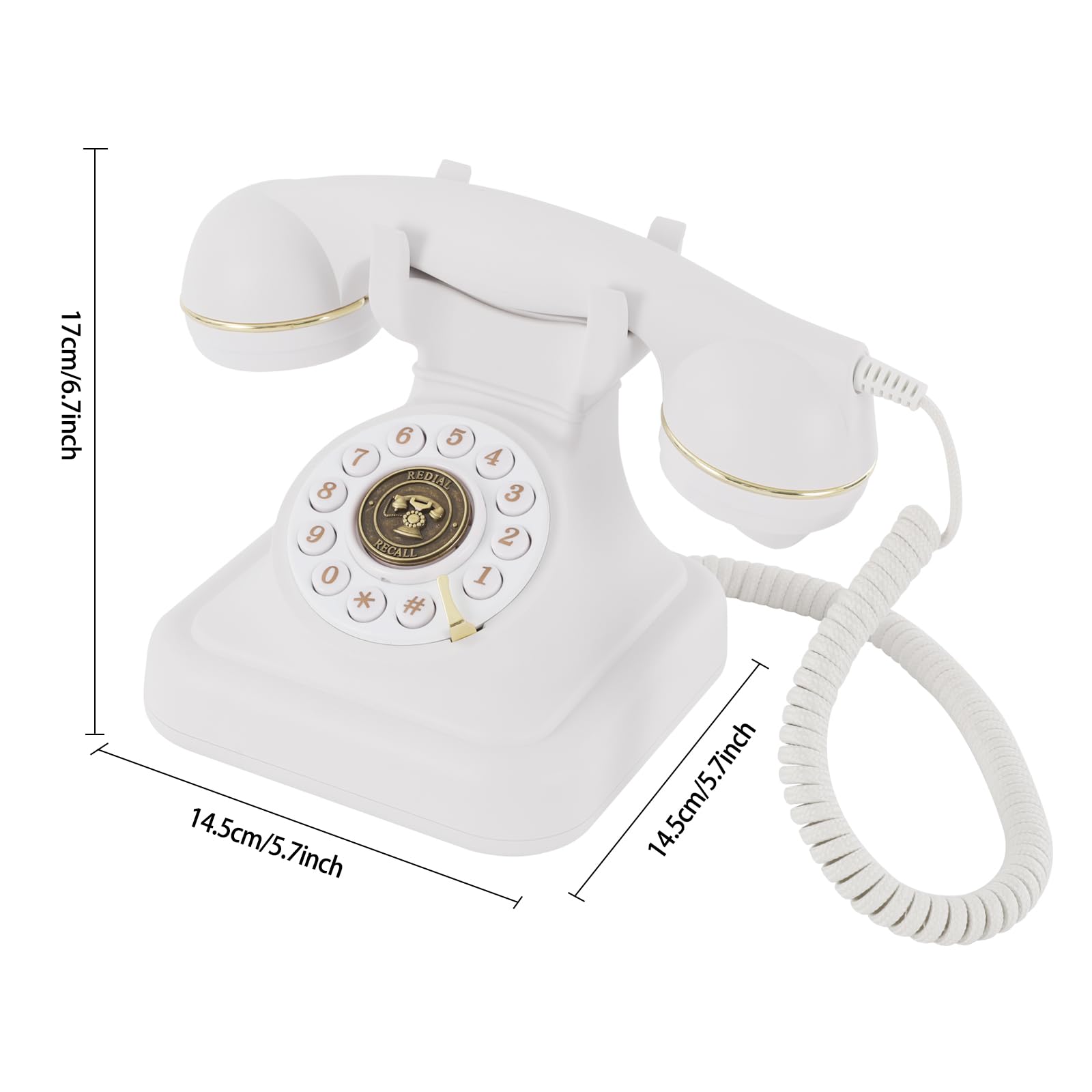 Teléfono Retro Retro Teléfono Fijo Teléfono con Cuerda Volumen Ajustable Teléfono con Dial Y Tono de Timbre Teléfono Antiguo, Teléfono Decoración de Oficina en el Hogar (Blanco)