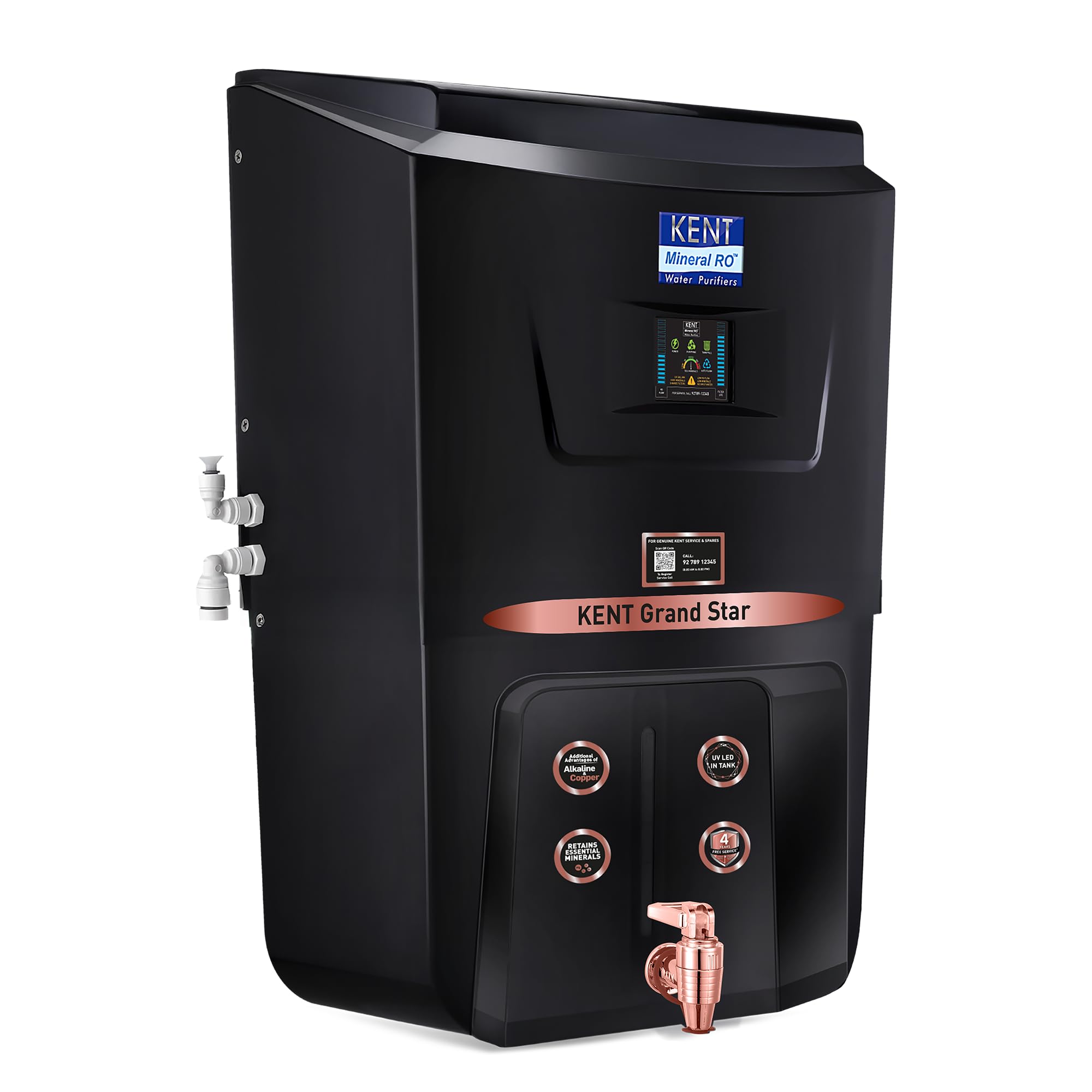 KENT Grand Star RO Water Purifier | RO+UV+UF+TDS Control+Alkaline+Copper+UV in Tank |.0001 Micron RO Membrane | Auto Flush Feature | 9L Tank | 20 LPH | Ideal For Borewell/Tanker/Municipal Water |Black