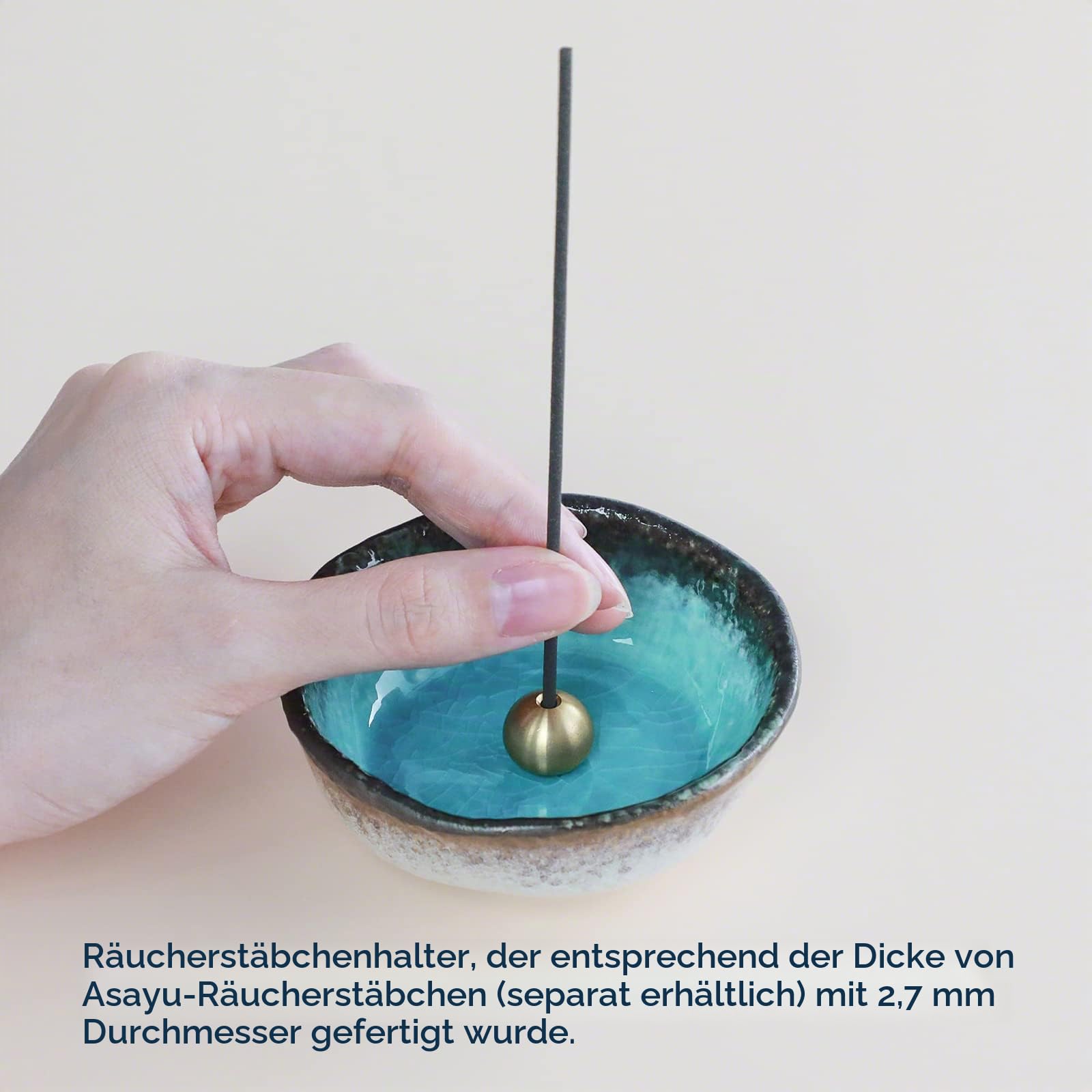 Asayu Japan Mini Räucherstäbchenhalter - Ozean - Für Stäbchen 83 mm, Made in Japan, Traditioneller Keramik Aschefänger, Inklusive Abnehmbarer Messingständer - Für Yoga, Meditation und Entspannung