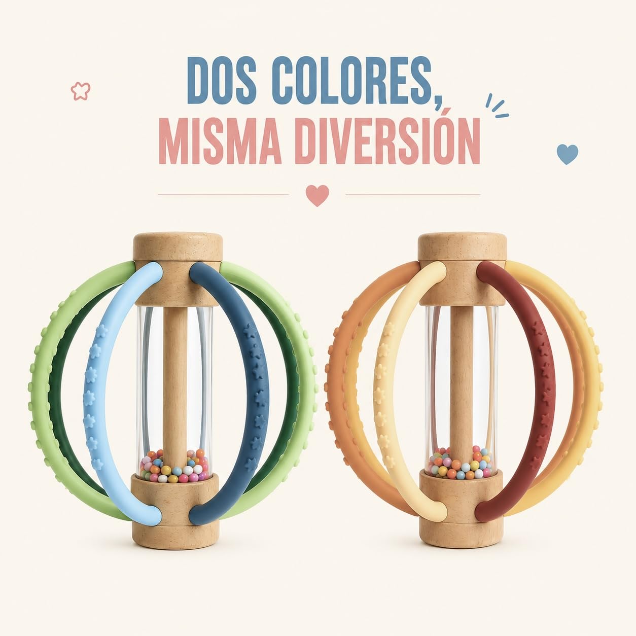 Sonajero Mordedor con Palo de Lluvia Bebe | Montessori bebe 0-6 meses y 6-12 meses | Mordedor de Silicona y Madera para Alivio de las Encias | Juguete Estimulación temprana y Tummy Time (Blue Ocean)