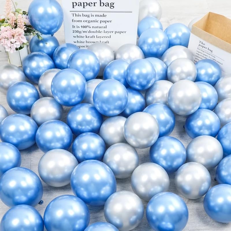 Juzfun Chrome Metallic Balloons Blue & Silver 100 pcs Glossy Latex Balloon for Birthday Decoration Kit Wedding, Anniversary Floral Garland 10 Inch Helium Supported