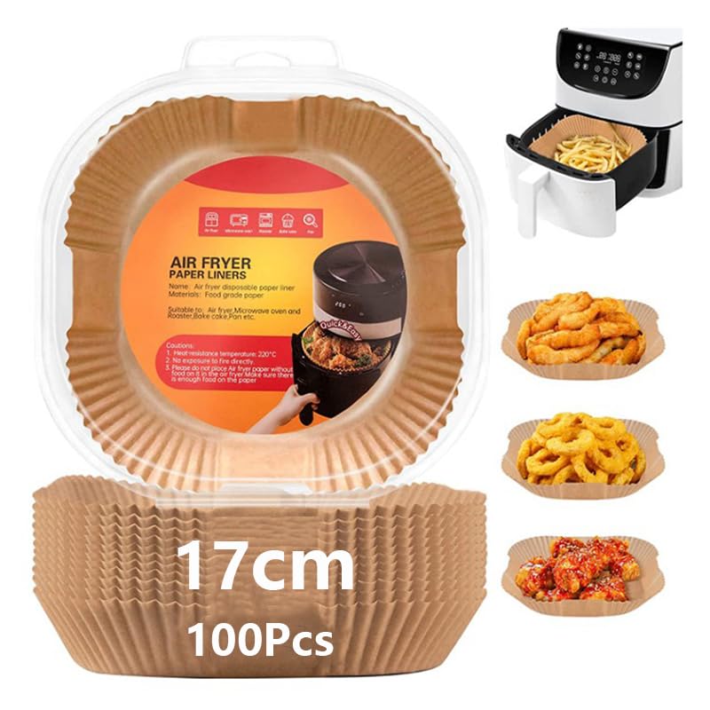 Backpapier für Heißluftfritteuse, 100 Stück 17x17cm Einweg Liner, Antihaft Öl- & Wasserfest, Rechteckiges Airfryer Papier für 3.5L–6L Fritteusen, Ofen, Küche Zubehör
