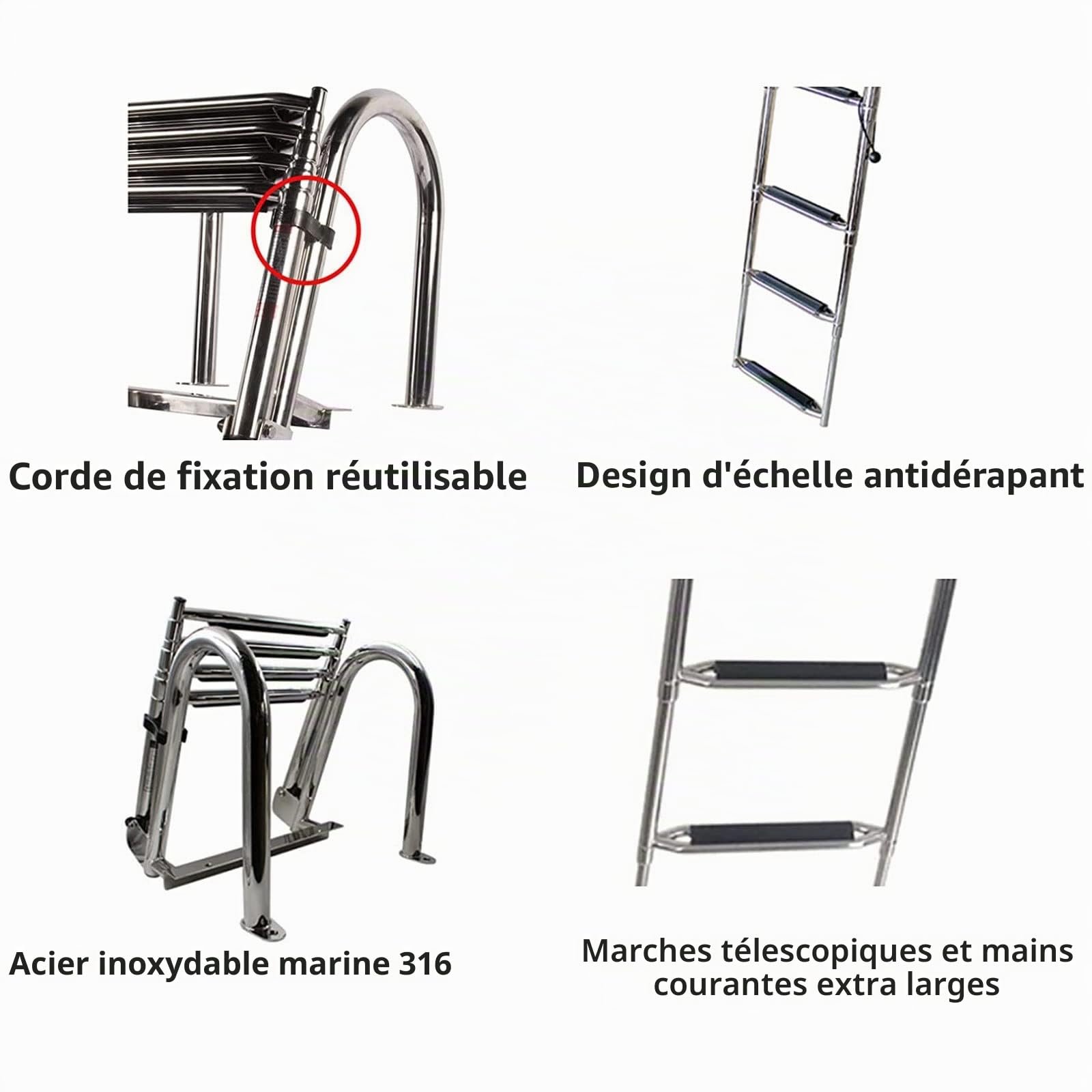 Échelle de bain pour bateau - En acier inoxydable - 4 marches antidérapantes - Pour pont de yacht, piscine - Charge maximale : 200 kg