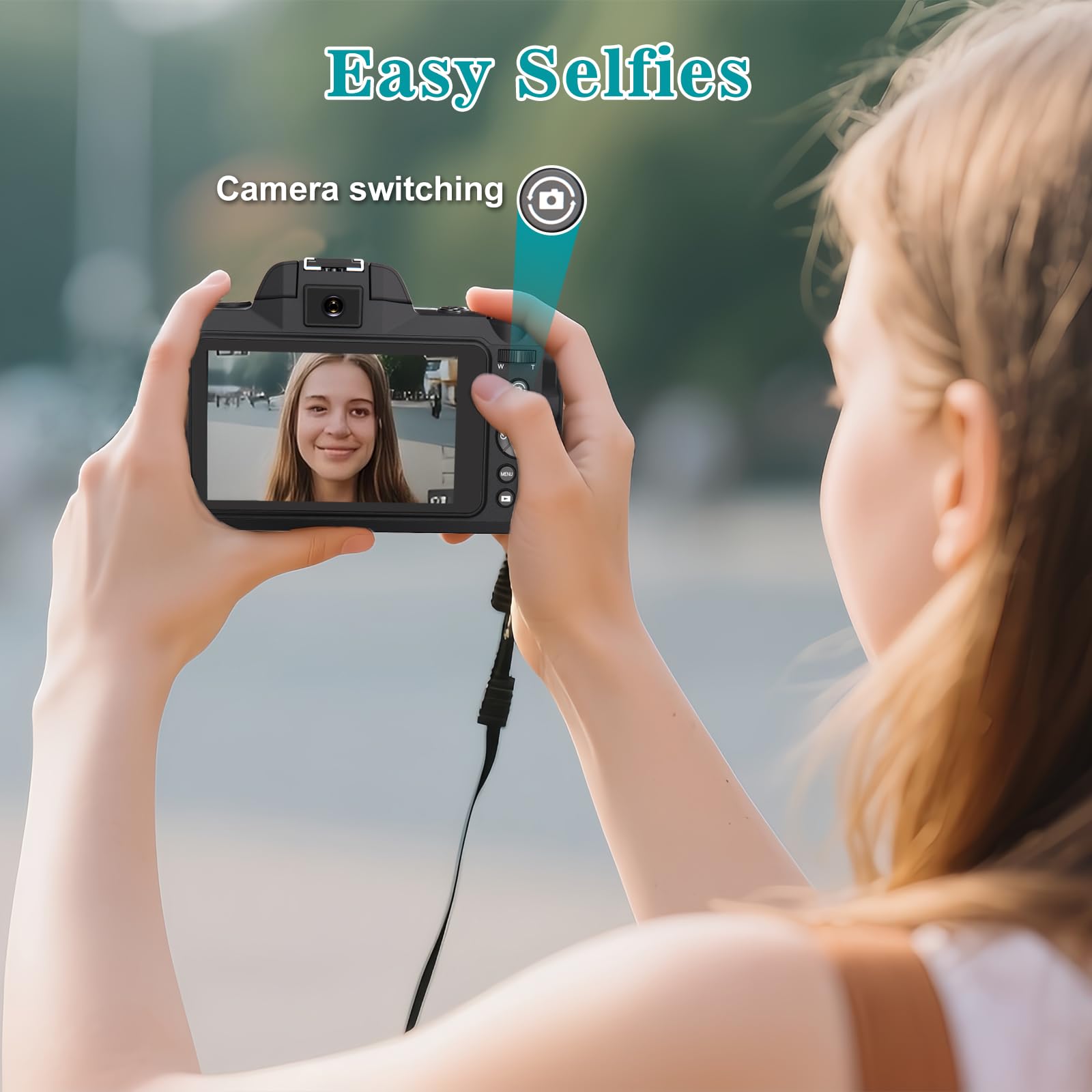 Cámaras digitales para fotografía de enfoque automático, cámara de vlogging WiFi de 64 MP con doble lente, pantalla táctil, zoom digital de 18X, cámara de viaje con parasol para lente, tarjeta de 32