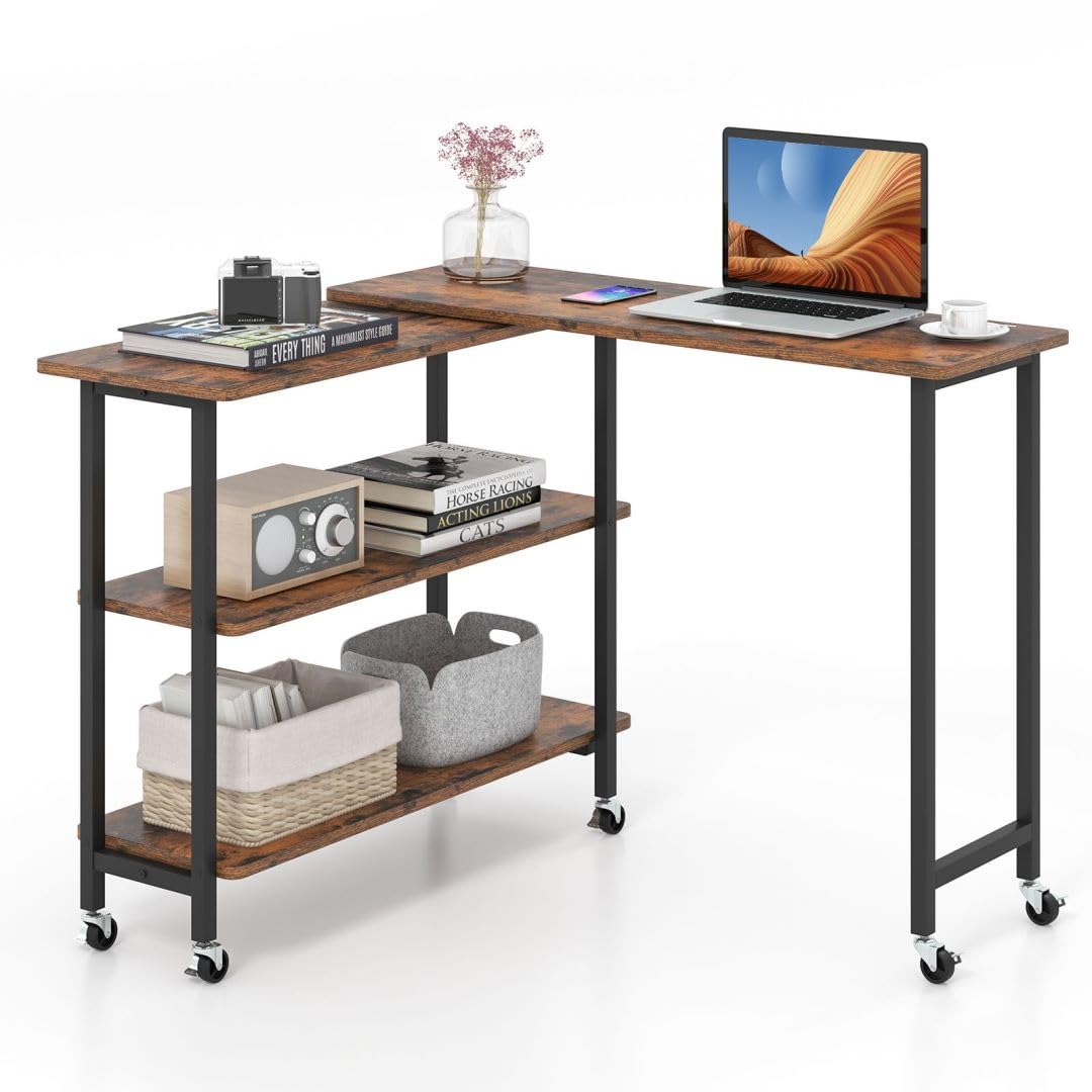 COSTWAY Corner Computer Desk, 360° Rotating Sofa Side Table Writing ...
