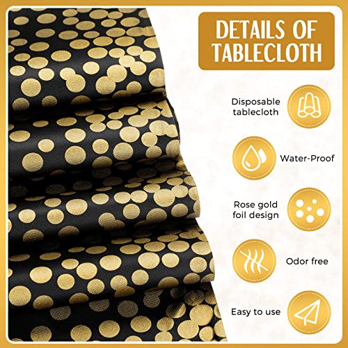 Image of Breling 8 Pack New Year Black and Gold Disposable Plastic Tablecloths and Satin Table Runner Set, 54 x 108 Inch Tablecloth, 12 x 108 Inch Table Runners for Wedding Graduation Birthday Baby Shower