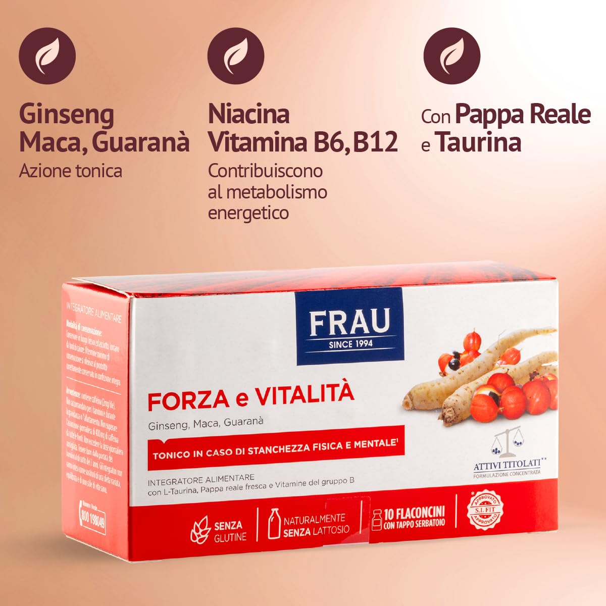 FRAU Forza e Vitalita’, Integratore Energia A Base Di Estratti Vegetali, 9 confezioni X 10 Flaconcini Con Tappo Serbatoio, Integratore Stanchezza Fisica E Mentale, Senza Glutine E Lattosio, Bianco