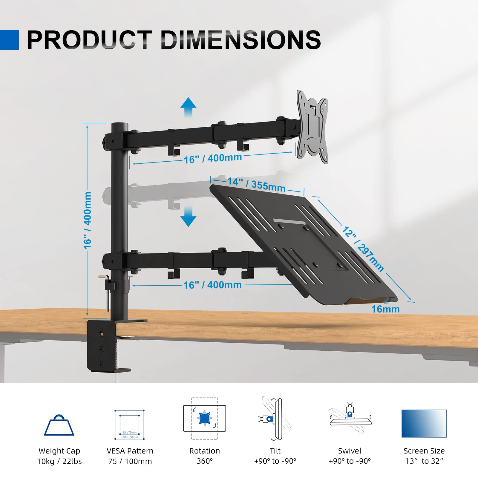 GRIFEMA 2 Monitor Supporto per Monitor con Ripiano per Laptop, Braccio per Monitor VESA 75x75-100x100 MM, Rotazione 360°, Angolo di Inclinazione ±90°, Altezza Regolabile, Peso Massimo 10KG, Nero