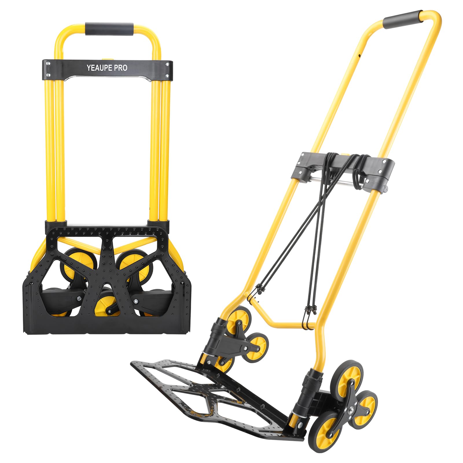 YEAUPE PRO Sack Truck, 50 kg Load Capacity, Folding Sack Truck, Height Adjustable & Stair Climber for Moving & Heavy Items, Stair Carts with 2 Expander Ropes & Sponge Handle - Yellow - Tricycle