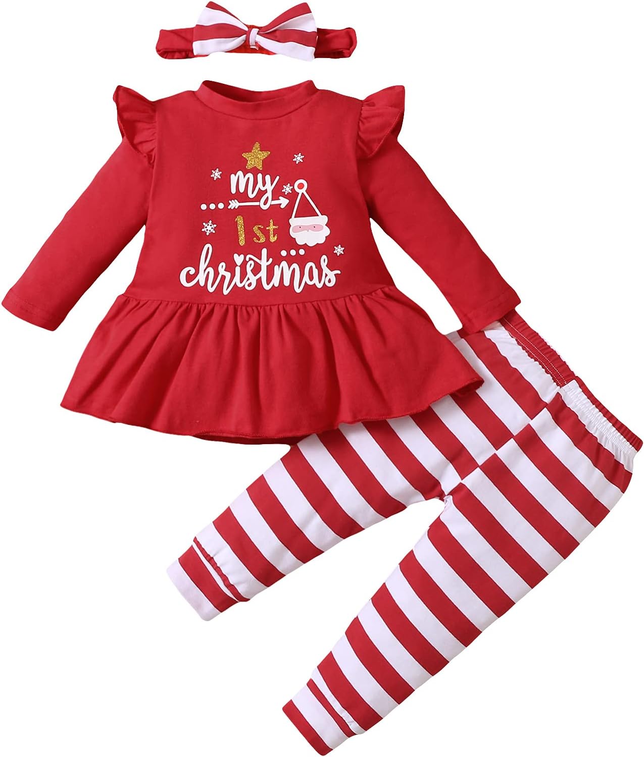Noubeau My 1st Christmas Baby Girl Outfits Ruffle Santa Tree Print Tunic Drees Shirt Plaid Stripe Pants Fall Clothes